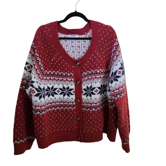 Old Navy Red White Fairisle Plussize Cardigan Sweater Size XXL - Picture 2 of 8
